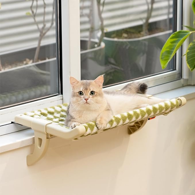 Epica Cat Window Sill & bedside Perch for Indoor Cats One-Step Sliding Clamping Slot Adjustment Cat Window Hammock with Removable Covers (2-in-1 Beige Large)